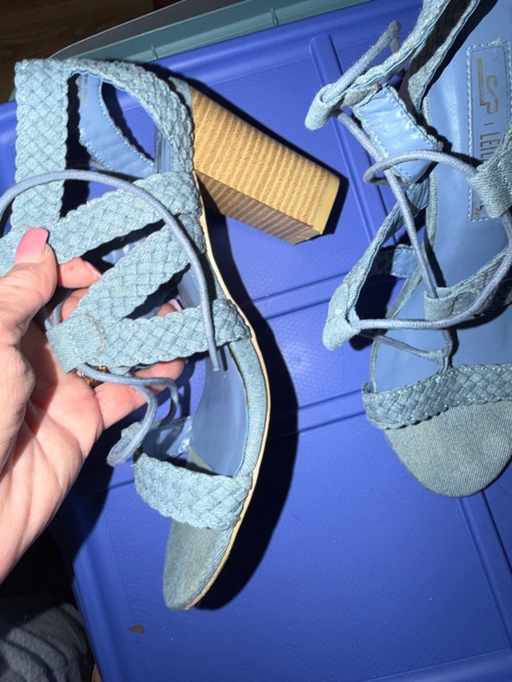 Leila Stone Light Blue Braided Lace-Up Block Heel Sandals